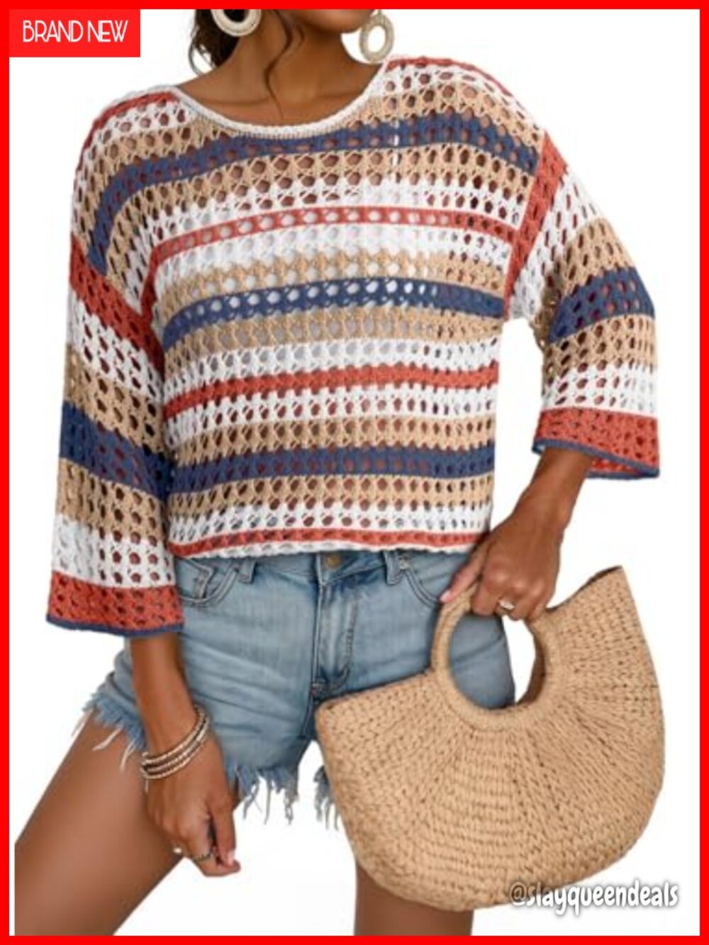 Womens 3/4 Sleeve Crochet Sweater Hollow Out Color Block Striped Casual Cover Up